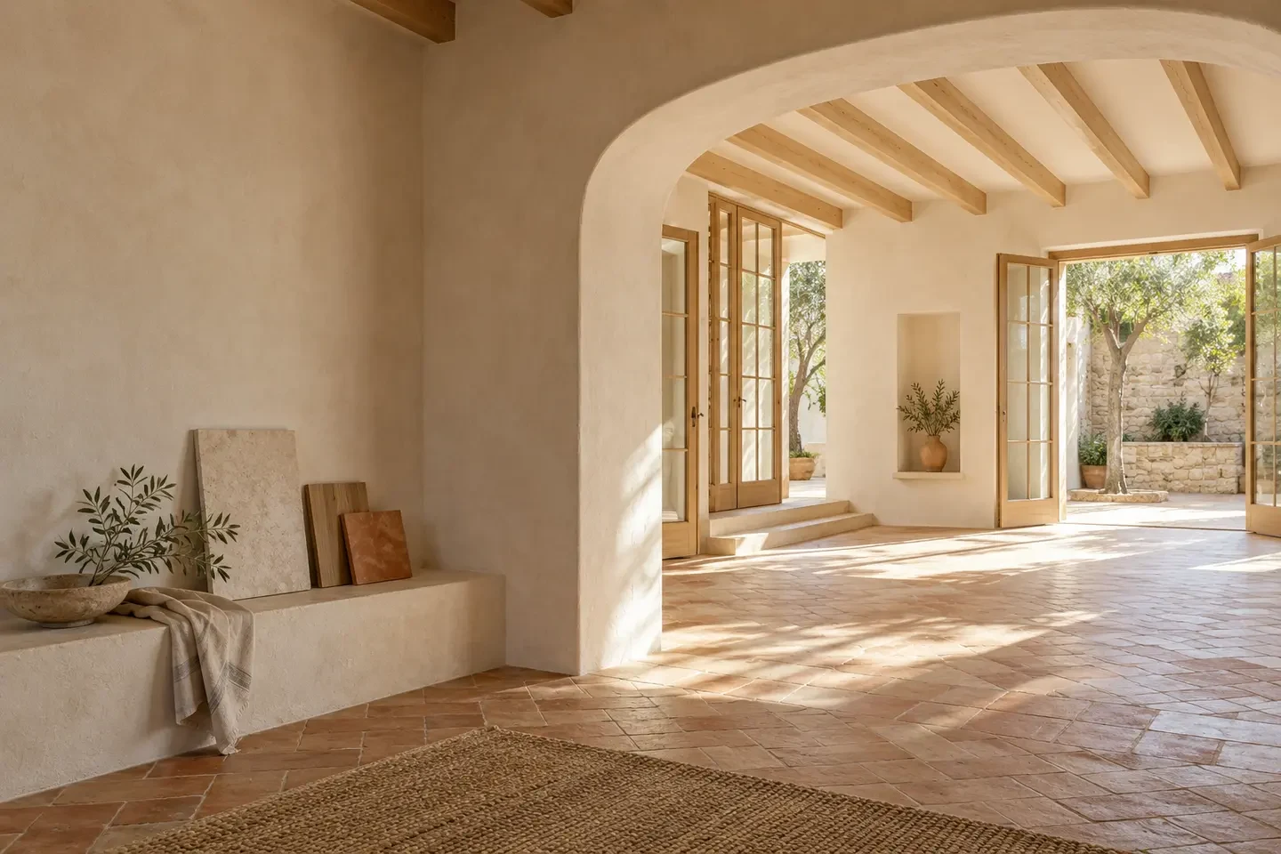 Interior reformado con arcos, vigas de madera y luz natural